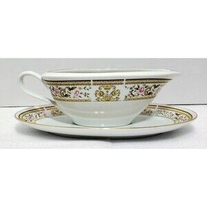 Wallace Heritage Daphne Gravy Boat & Plate Japan Floral Gold Trim Fine China